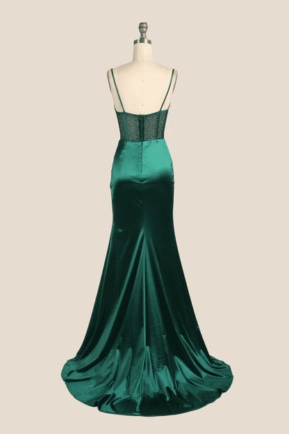 Cowl Neck Emerald Green Beaded Long Prom Dress