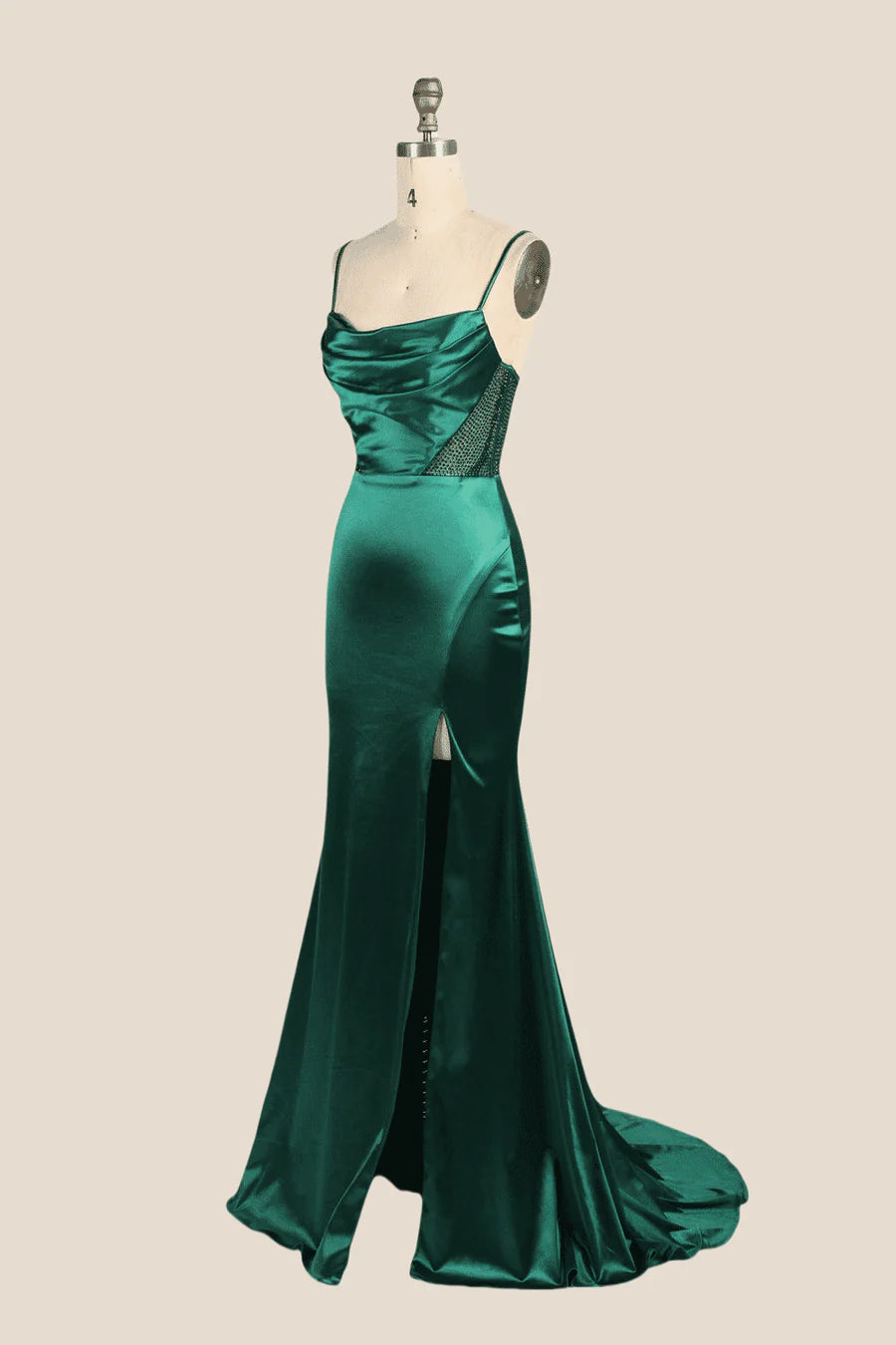 Cowl Neck Emerald Green Beaded Long Prom Dress