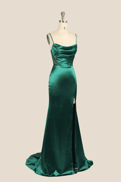 Cowl Neck Emerald Green Beaded Long Prom Dress