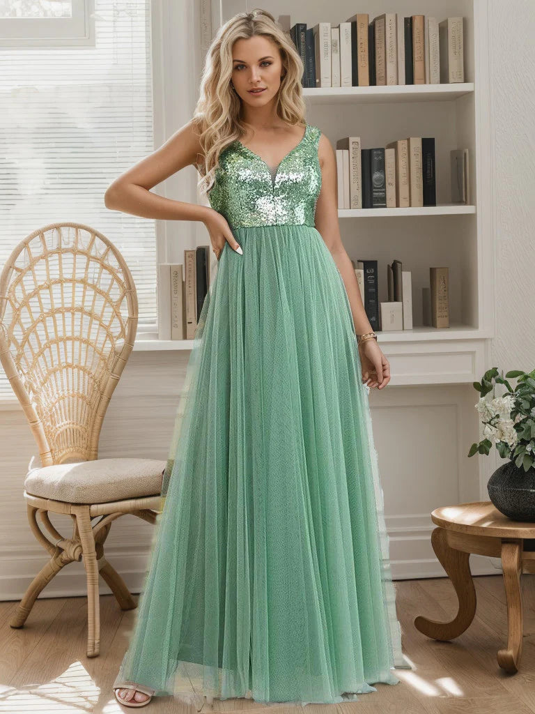 Shiny Sequin Bodice Off the Shoulder Maxi Tulle Evening Dress