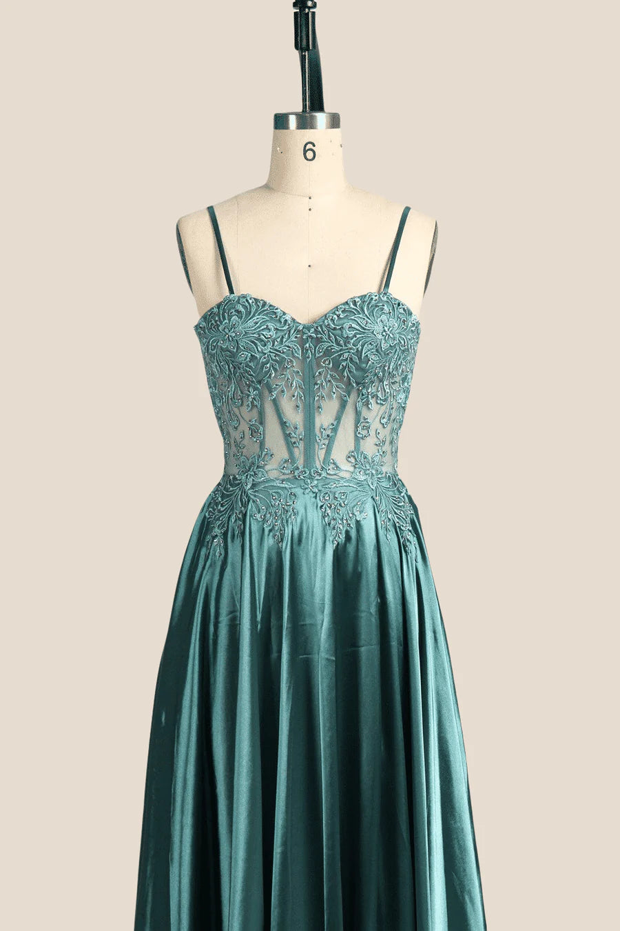 Spaghetti Straps Green Embroidery Long Prom Dress