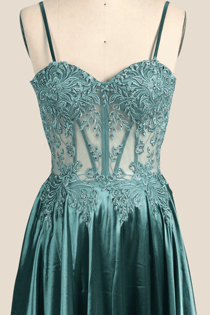 Spaghetti Straps Green Embroidery Long Prom Dress