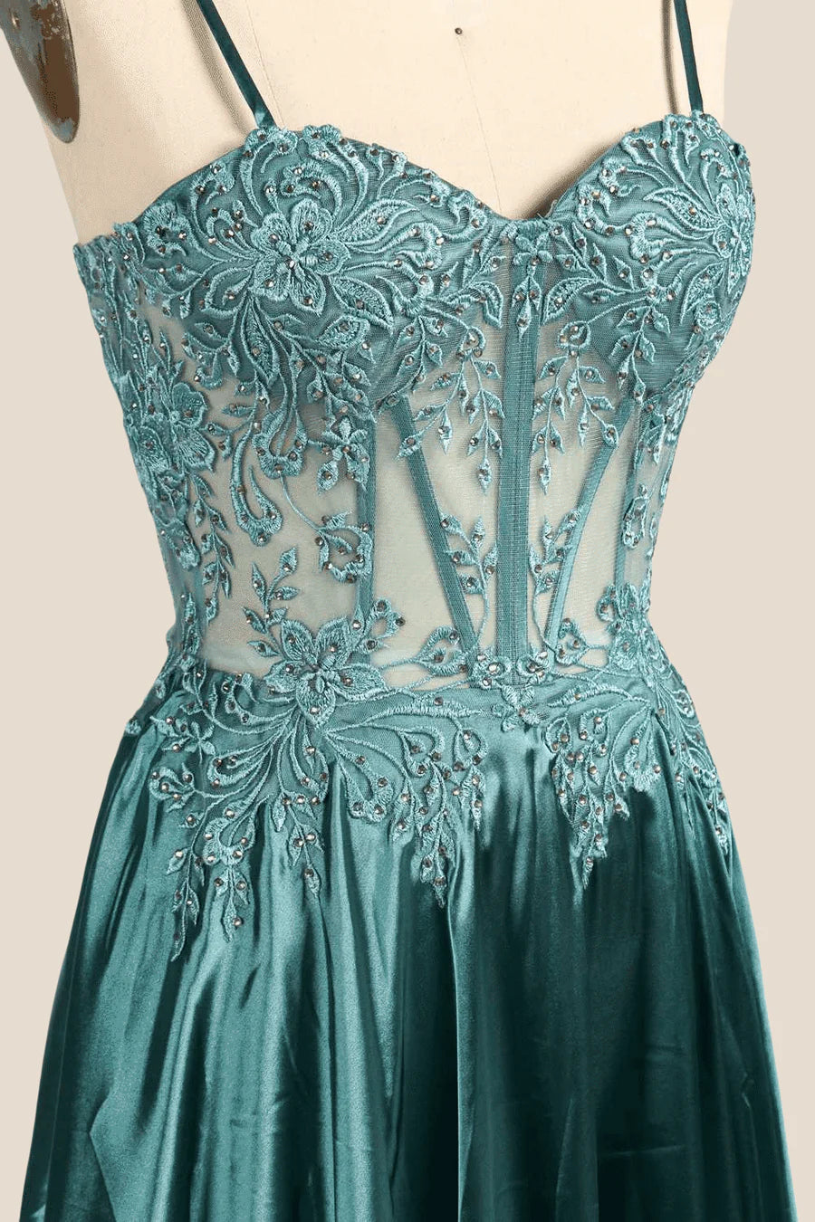 Spaghetti Straps Green Embroidery Long Prom Dress