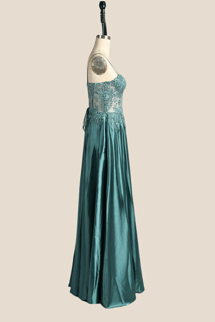 Spaghetti Straps Green Embroidery Long Prom Dress