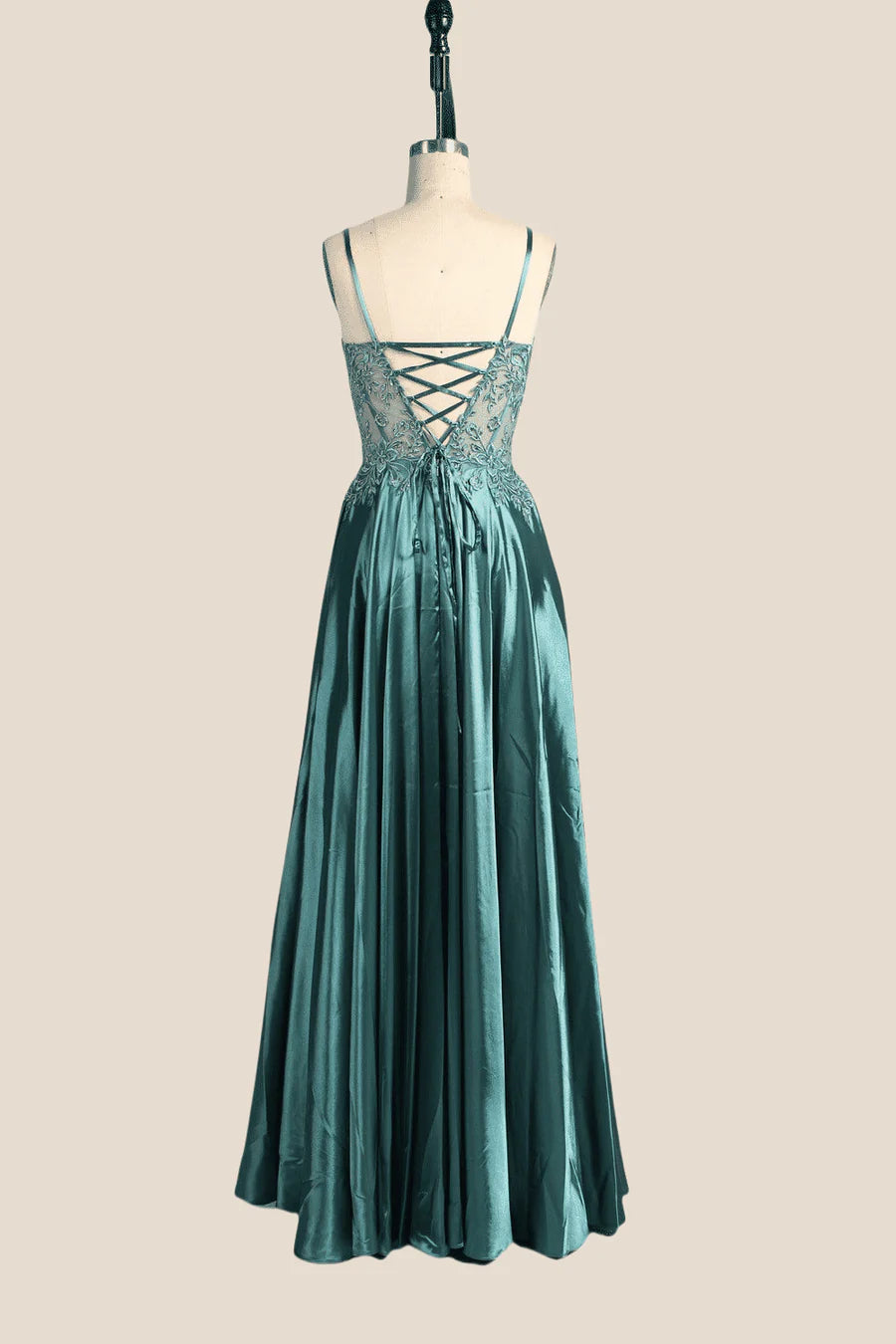 Spaghetti Straps Green Embroidery Long Prom Dress