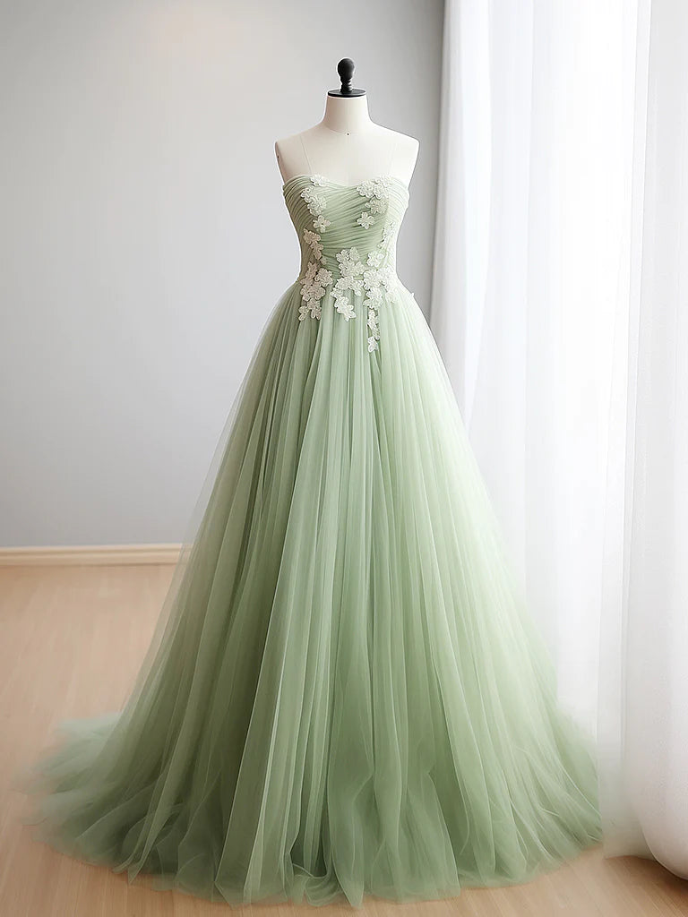 A-Line Sweetheart Neck Tulle Lace Applique Green Long Prom Dress