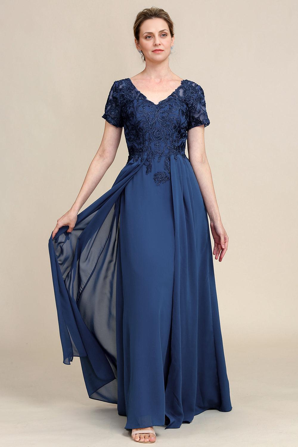 A Line Deep V Neck Long Sleeve Jacquard Mother of the Bride Dresses with Belt