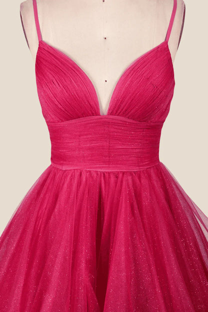 V-neck Hot Pink Irregular Hem A-line Long Prom Dress