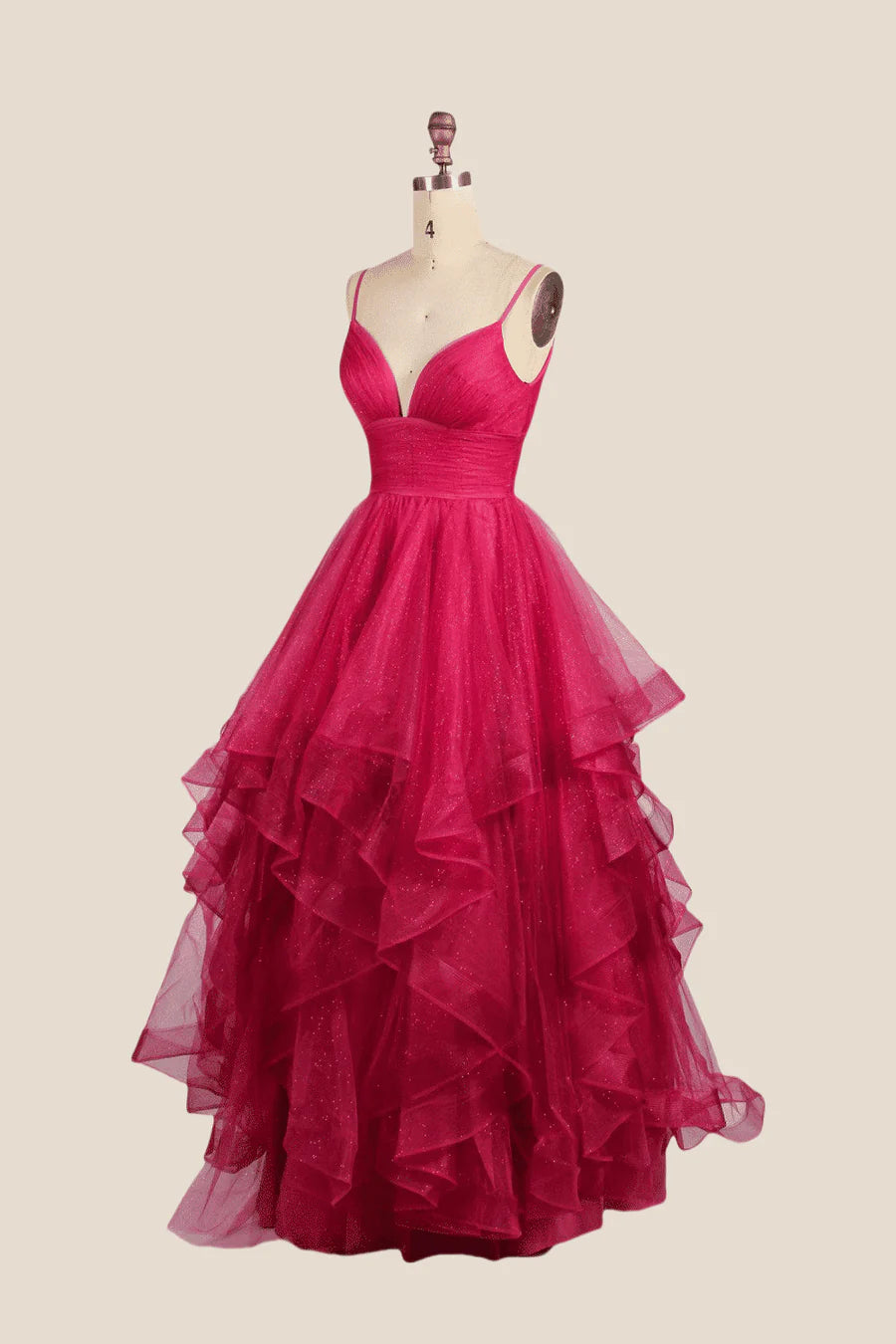 V-neck Hot Pink Irregular Hem A-line Long Prom Dress