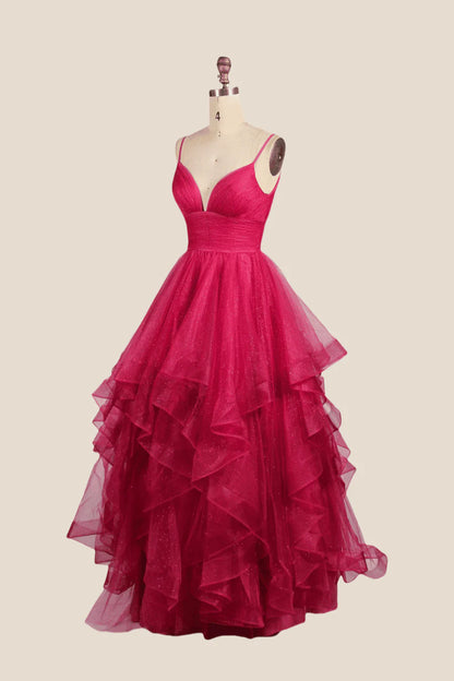 V-neck Hot Pink Irregular Hem A-line Long Prom Dress