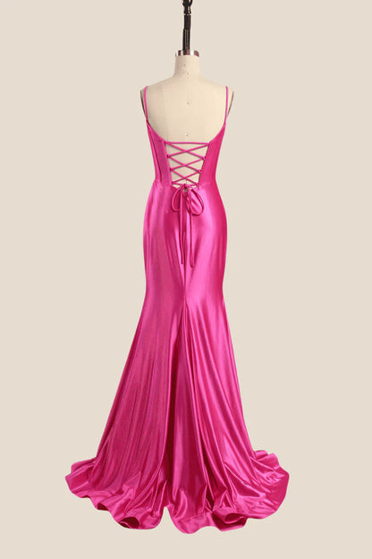 Spaghetti Straps Hot Pink Mermaid Long Prom Dress ﻿