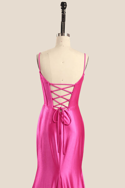 Spaghetti Straps Hot Pink Mermaid Long Prom Dress ﻿