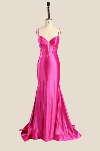 Spaghetti Straps Hot Pink Mermaid Long Prom Dress ﻿