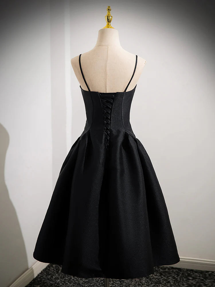 Black A-line Satin Short Sleeves Beaded Party Dress, Black Floral Satin Prom Dress