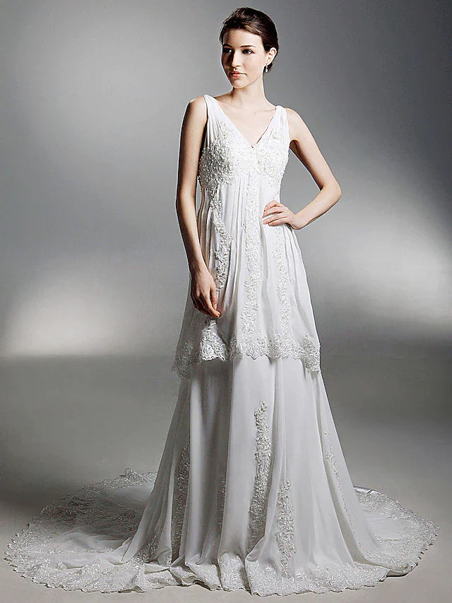 Princess A-Line Wedding Dresses V Neck Chapel Train Chiffon Sleeveless