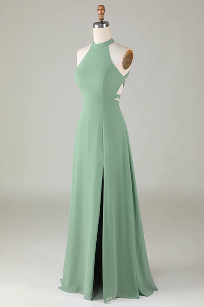 A-Line Halter Open Back Matcha Bridesmaid Dress with Split Front