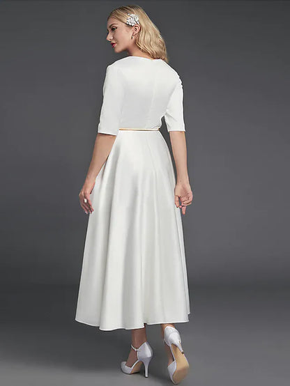 A-Line Minimalist Elegant Homecoming Cocktail Party Dress V Neck Half Sleeve Tea Length Satin with Ribbon Pleats