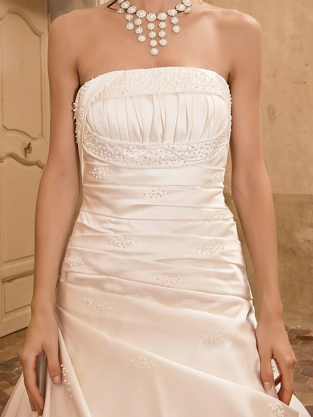 Princess A-Line Wedding Dresses Strapless Chapel Train Satin Sleeveless