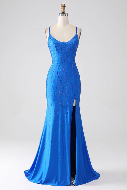 Mermaid Beaded Royal Blue Prom Dress with Slit