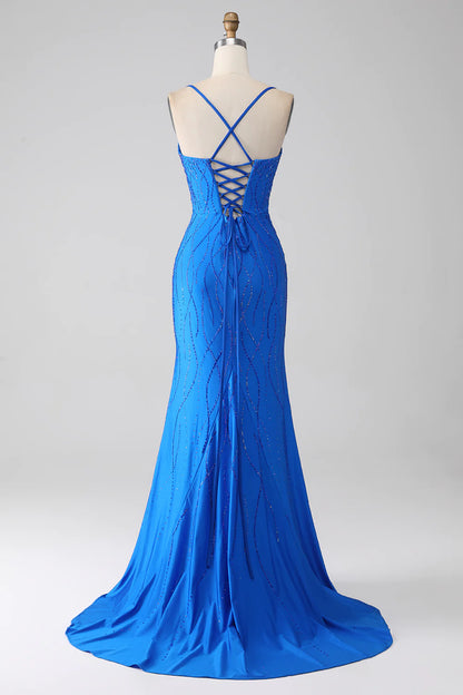 Mermaid Beaded Royal Blue Prom Dress with Slit