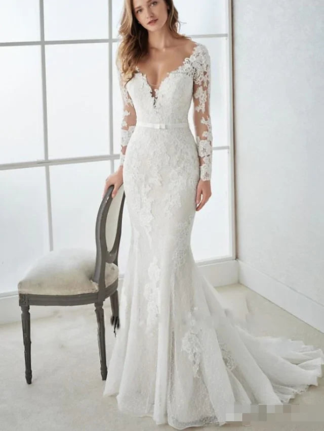 Wedding Dresses V Neck Lace Tulle Long Sleeve Country Illusion Sleeve