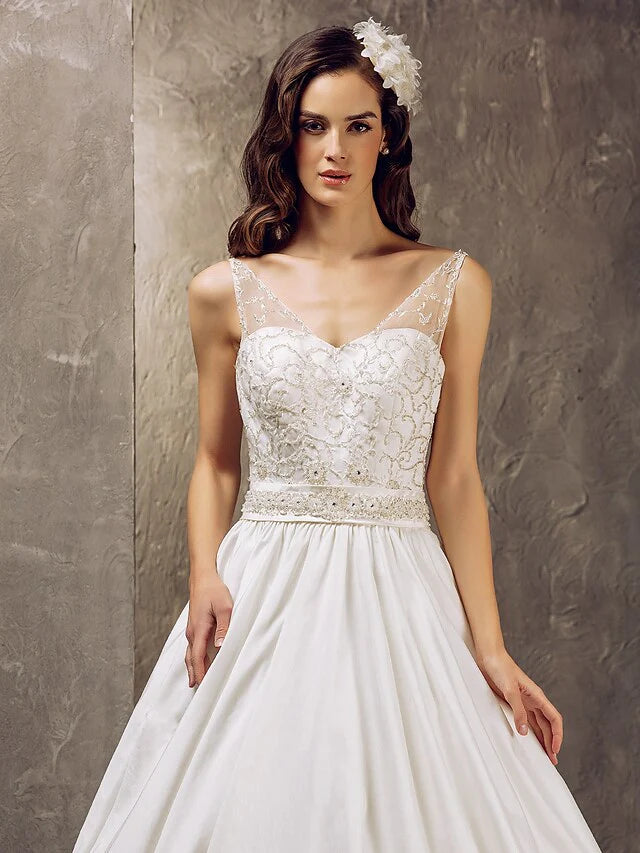 DingjiPrincess A-Line Wedding Dresses V Neck Lace Taffeta Sleeveless