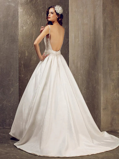 DingjiPrincess A-Line Wedding Dresses V Neck Lace Taffeta Sleeveless