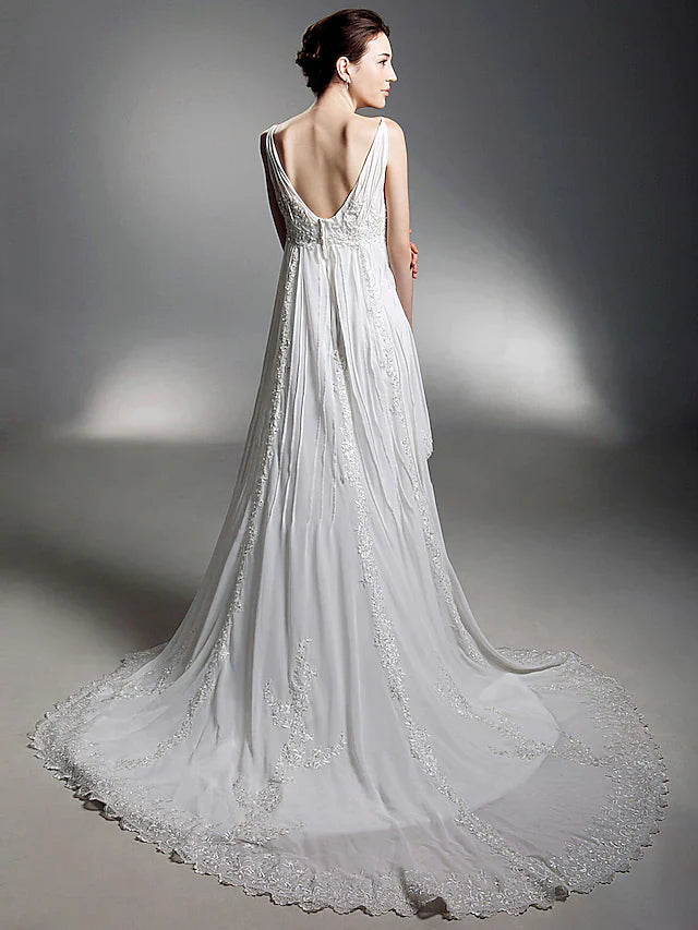 Princess A-Line Wedding Dresses V Neck Chapel Train Chiffon Sleeveless