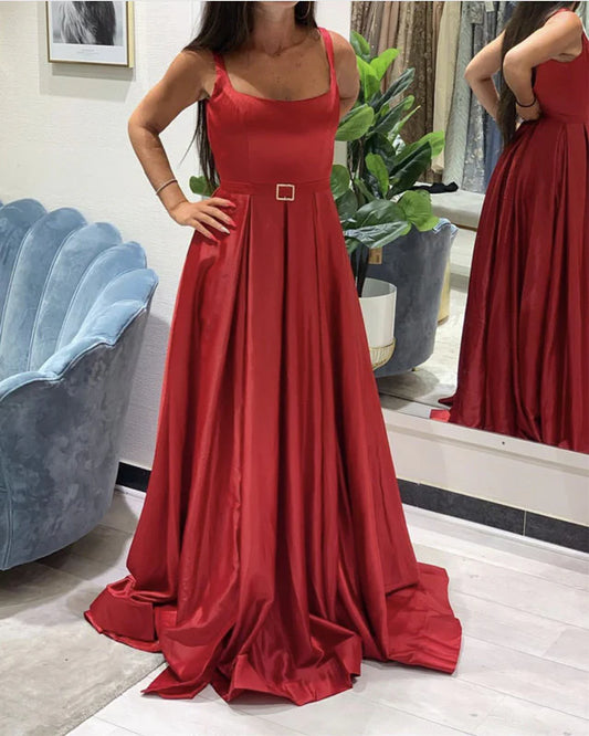 Long Satin Spaghetti Straps Evening Dresses