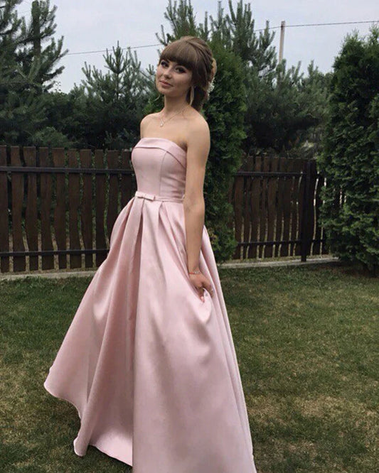 Long Strapless Bow Sashes Satin Formal Evening Dresses