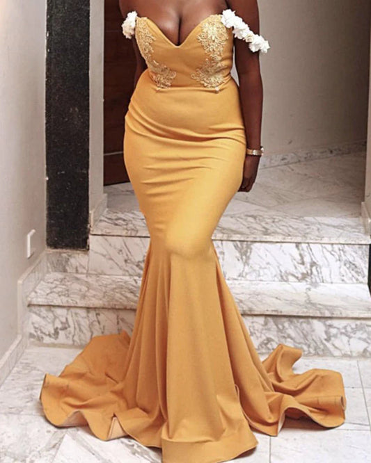 Mermaid Satin Ruffles Evening Dresses Appliques Off Shoulder