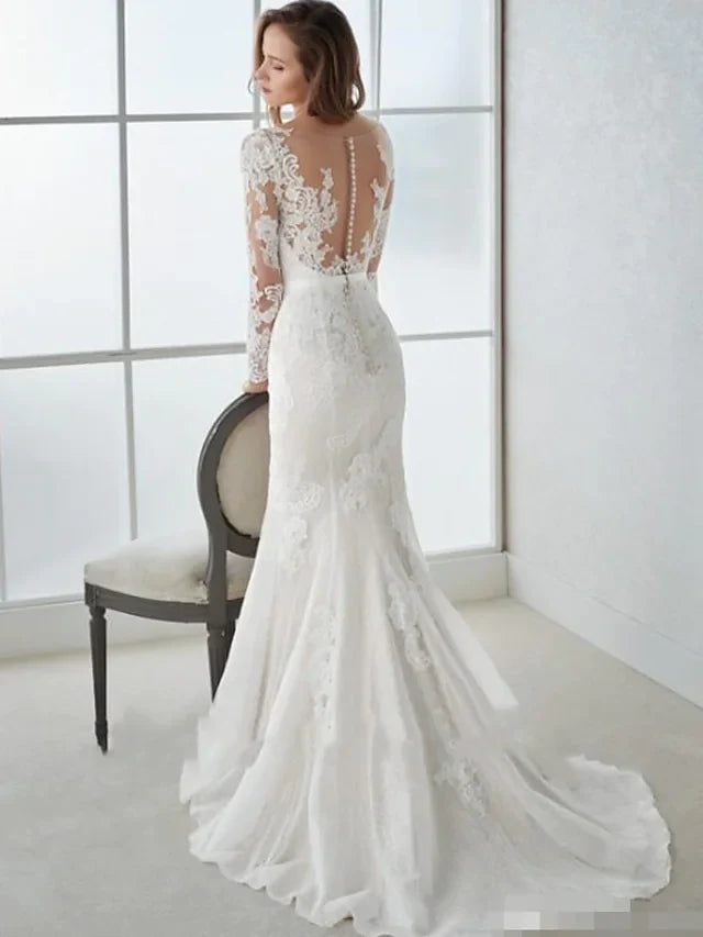 Wedding Dresses V Neck Lace Tulle Long Sleeve Country Illusion Sleeve