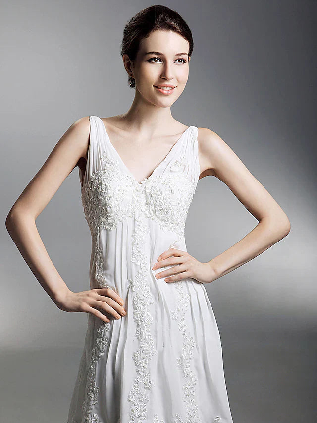 Princess A-Line Wedding Dresses V Neck Chapel Train Chiffon Sleeveless