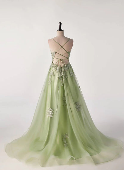 Sage Green Lace Appliques A-line Long Prom Dress