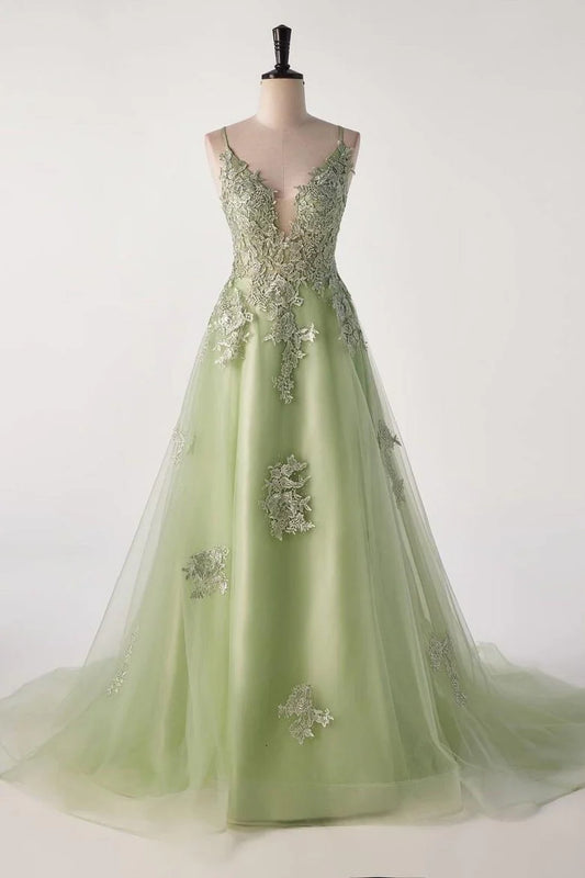 Sage Green Lace Appliques A-line Long Prom Dress