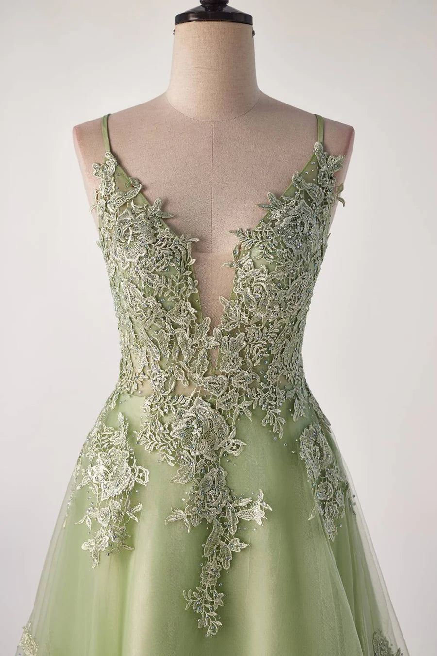 Sage Green Lace Appliques A-line Long Prom Dress