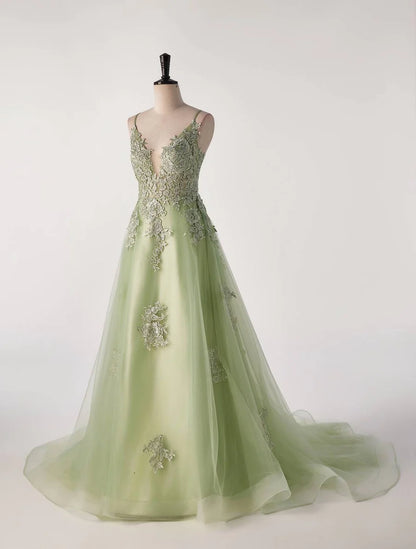 Sage Green Lace Appliques A-line Long Prom Dress