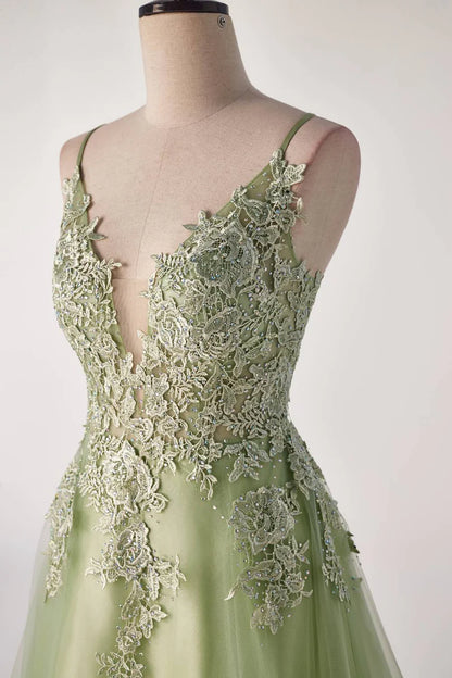 Sage Green Lace Appliques A-line Long Prom Dress