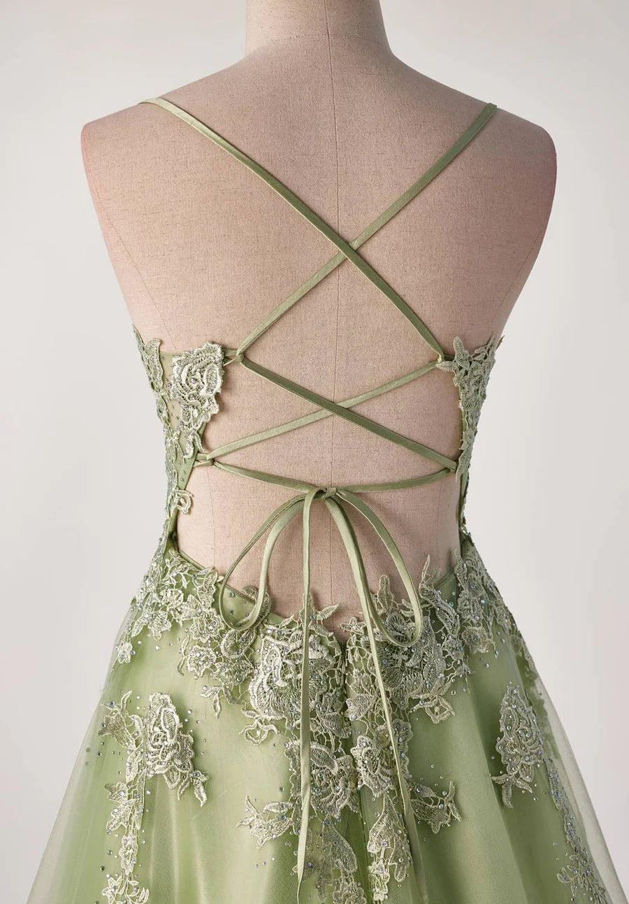 Sage Green Lace Appliques A-line Long Prom Dress