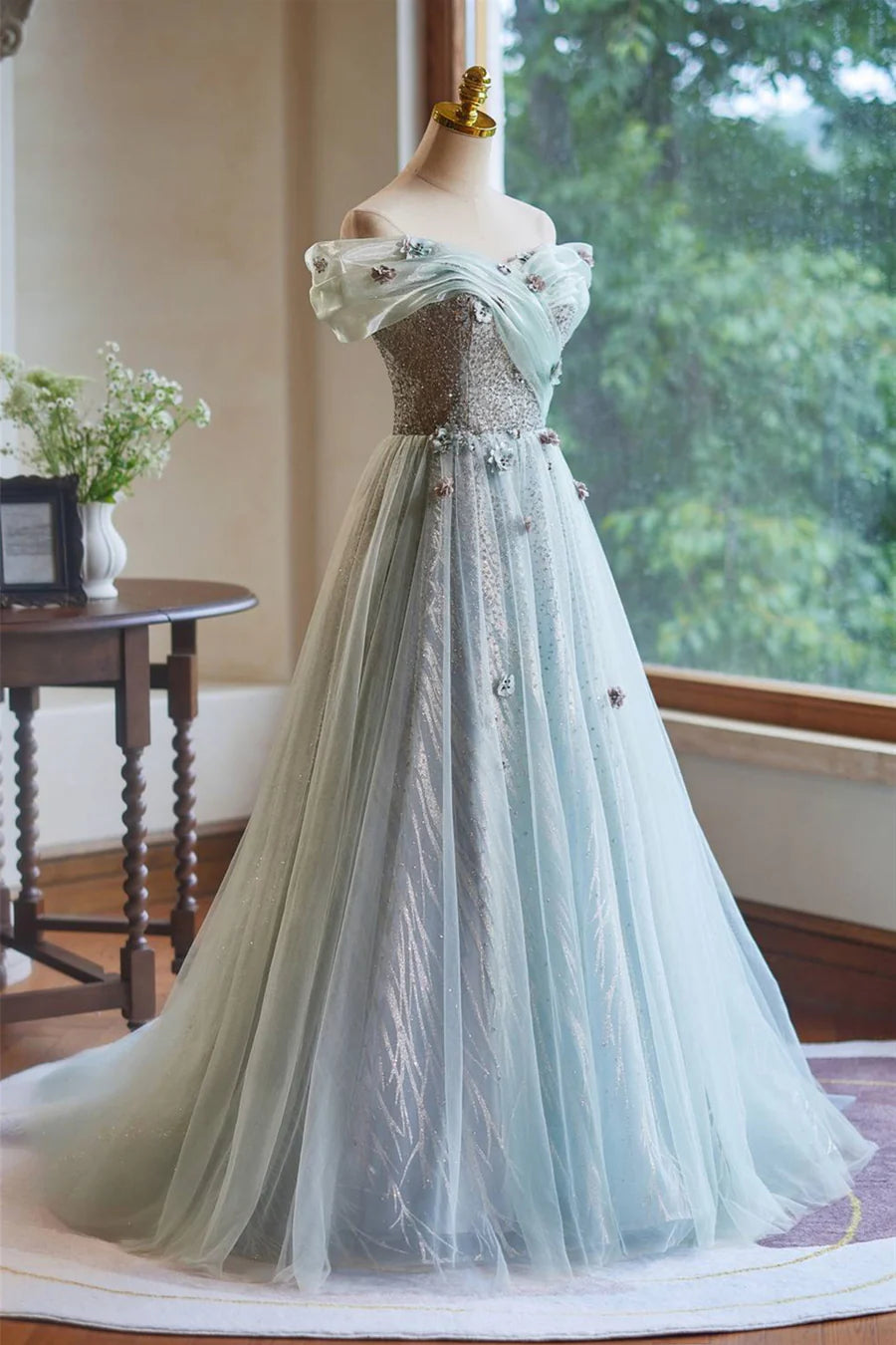 Off the Shoulder Mint Green Beaded Long Prom Dress