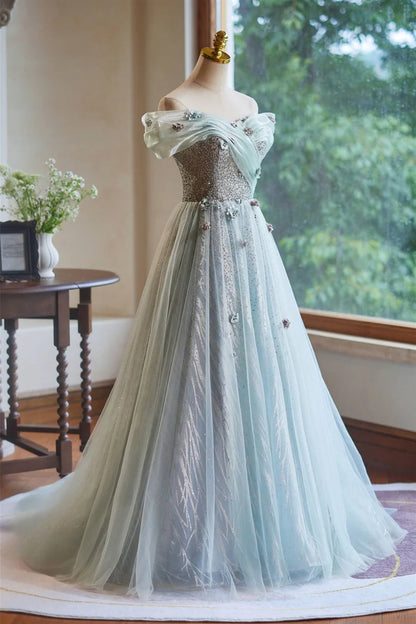 Off the Shoulder Mint Green Beaded Long Prom Dress