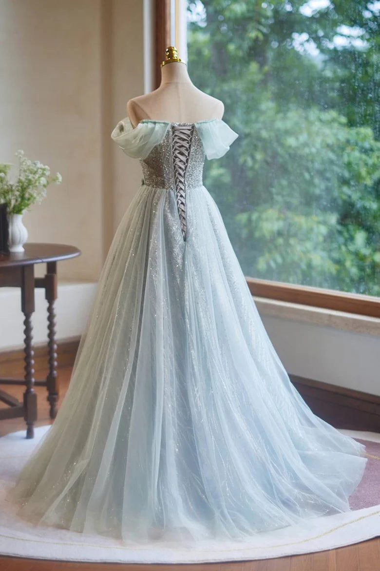 Off the Shoulder Mint Green Beaded Long Prom Dress