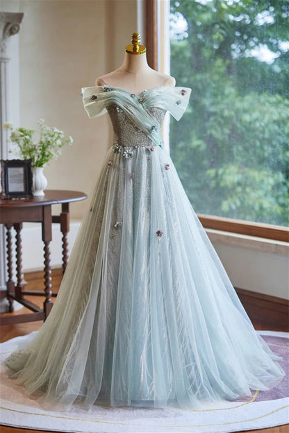 Off the Shoulder Mint Green Beaded Long Prom Dress