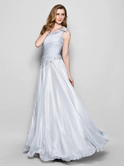 A-Line Mother of the Bride Dress Elegant One Shoulder Floor Length Chiffon Sleeveless with Bow(s) Crystals Beading