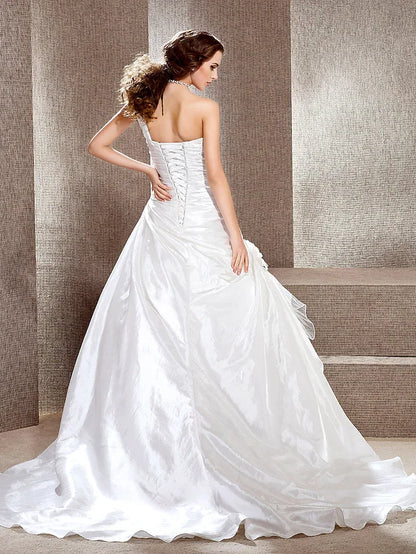 Princess A-Line Wedding Dresses One Shoulder Cathedral Train Taffeta Sleeveless