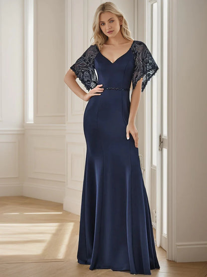 Sexy V Neck Maxi Bodycon Evening Dress with Flare Sleeves