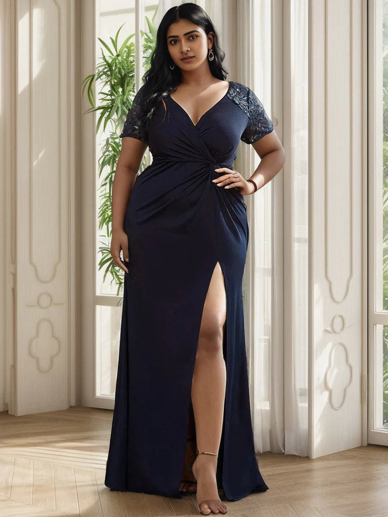 Plus Size Front Slit Short Sleeve With Sequin Mother of the Bride Dress