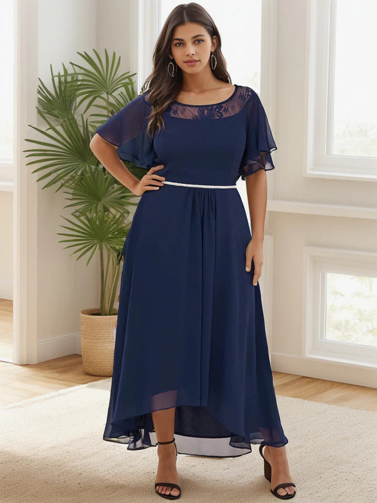 Plus Size Boat Neck Formal Dress with Sleeves