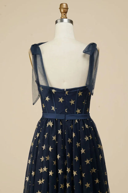 A-Line Tea Length Party Dress WIth Star Pattern