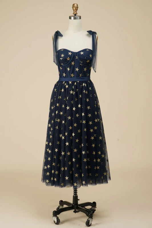 A-Line Tea Length Party Dress WIth Star Pattern